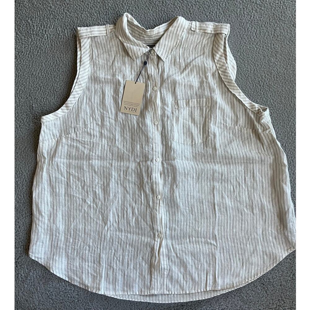 NWT NYDJ Button Blouse 2X Linen Sleeveless Striped Pocket Tank Top White Beach